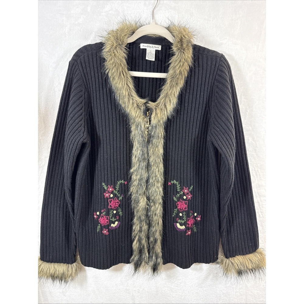 Preston & York Womens Black Sweater Cardigan Faux Fur Collar L embroidered